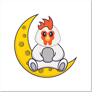 Cute chicken is sitting on the moon. Posters and Art